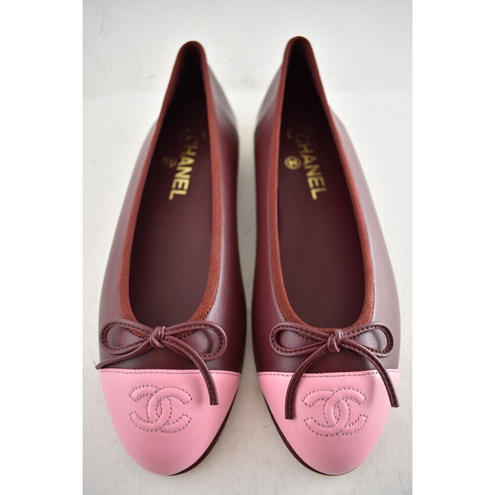Chanel 26S Burgundy Red Pink Lambskin Leather CC Logo Ballet Ballerina Flat 37.5 - Picture 9 of 16